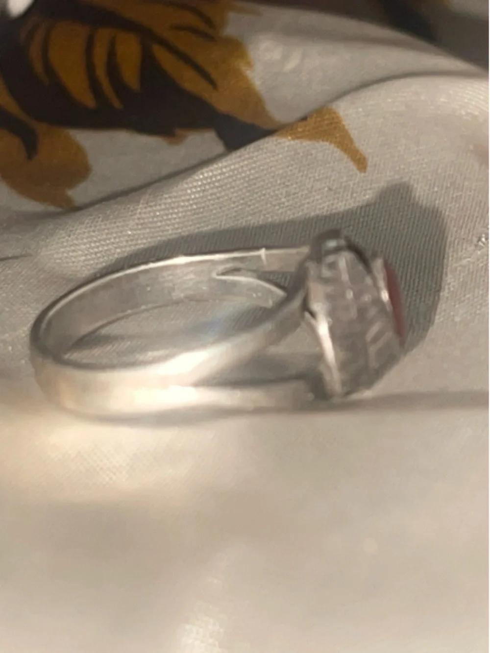 Sterling Silver Red Coral Oval Ring - Navajo feather design
